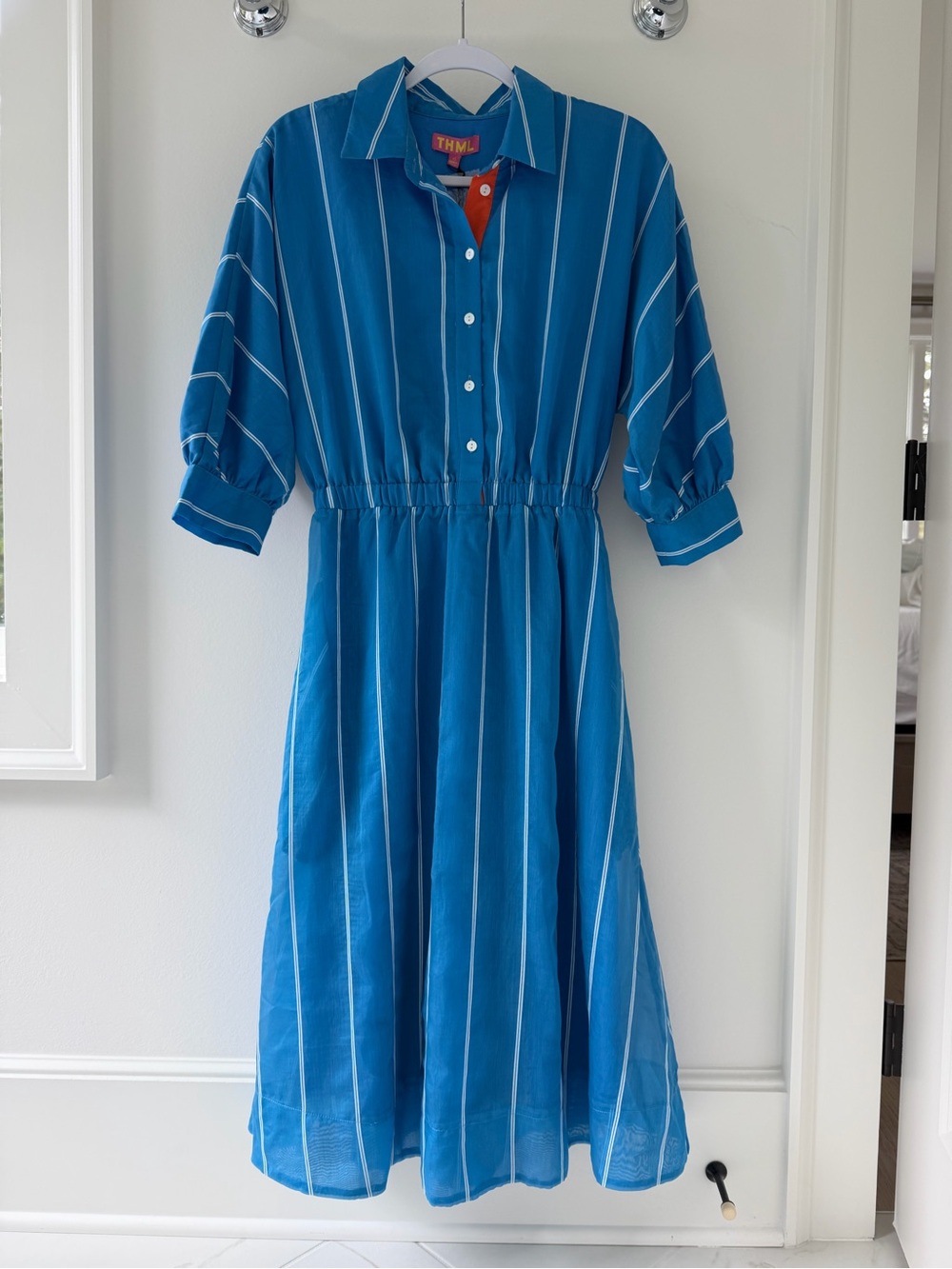 NWT THML Blue White Striped Midi Shirt Dress Elastic Waist XS